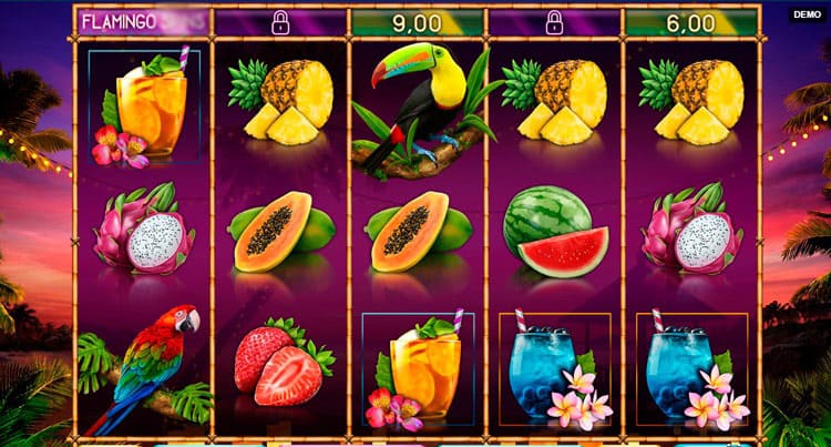 Игровое поле слота Flamingo Paradise с фламинго и пляжным фоном