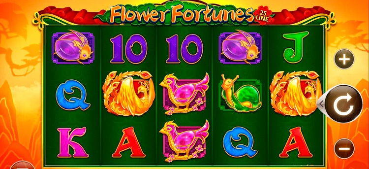 Интерфейс слота Flower Fortunes с барабанами на фоне азиатского пейзажа и цветущих деревьев