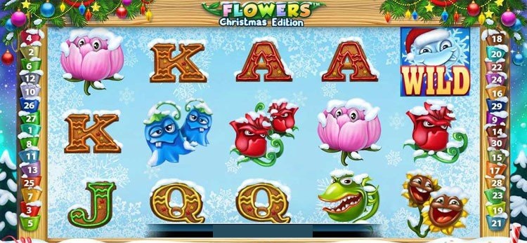 Рождественские символы игрового автомата Flowers Christmas Edition с цветами под снегом