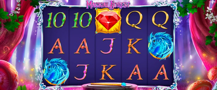 Игровое поле слота Magical Forest на фоне волшебного леса