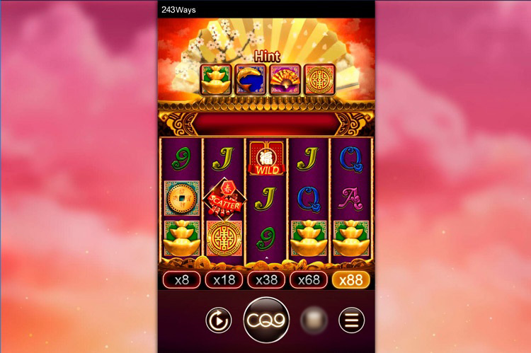 Главный экран игрового автомата Good Fortune M — барабаны с символами удачи на фоне китайского храма