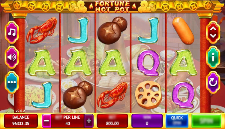 Главный экран слота Fortune Hot Pot — пузырящийся котел с символами на фоне азиатского рынка
