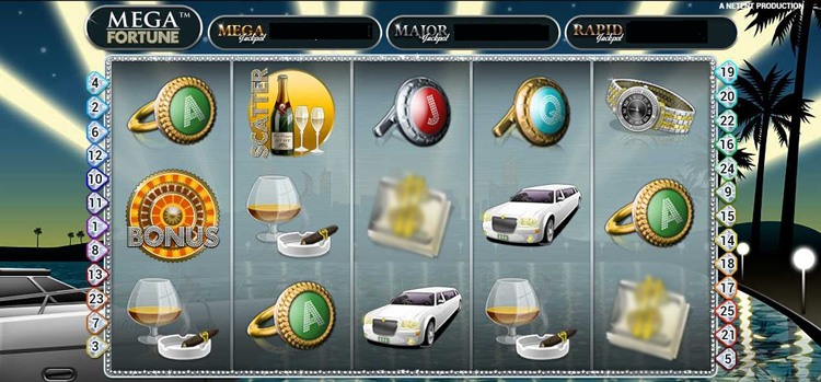 Игровое поле слота Mega Fortune с символами яхты, лимузина, часов и шампанского на фоне ночного города