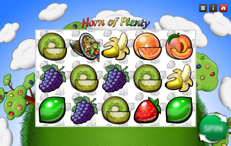 Игровое поле Horn Of Plenty с фруктовыми символами и рогом изобилия в роли Wild