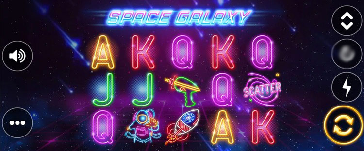 Главный экран игрового автомата Space Galaxy с барабанами и ярким неоновым дизайном