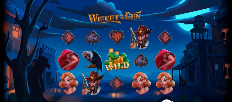 Игровое поле автомата Weight Of The Gun с барабанами и символами в криминальной тематике