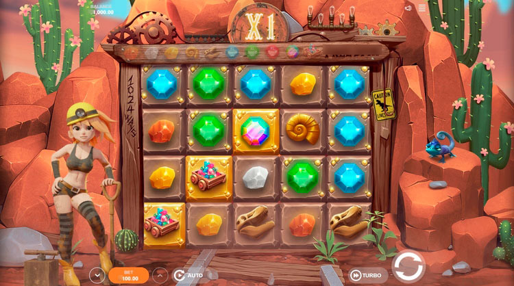 Игровой автомат Gem Hunter на фоне пещеры с драгоценными камнями