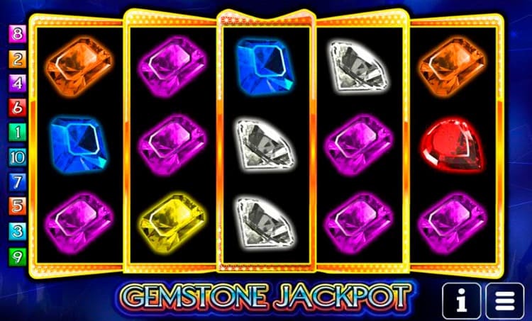 Игровой автомат Gemstone Jackpot с пятью барабанами и символами драгоценных камней на темном фоне