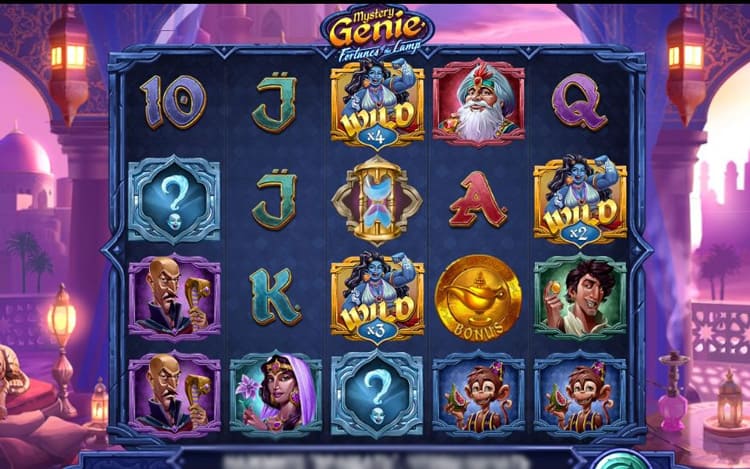 Интерфейс слота Mystery Genie Fortunes Of The Lamp на экране ноутбука