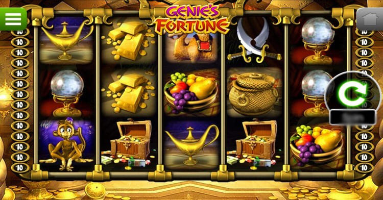 Игровой автомат Three Wishes на экране ноутбука с запущенными барабанами и джинном, выходящим из лампы