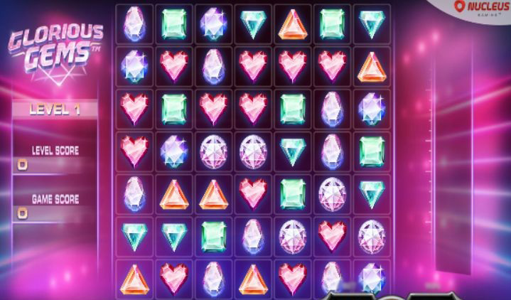 Игровое поле слота Glorious Gems — сетка 7×7, сияющие самоцветы, Nucleus Gaming
