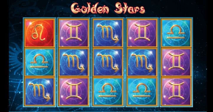 Игровой автомат Golden Stars с неоновыми звездами и пятью барабанами на темном космическом фоне