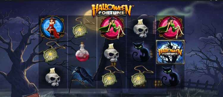 Игровое поле слота Halloween Fortune с барабанами и символами ведьм