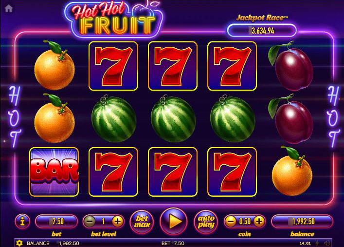 Игровое поле слота Hot Hot Fruit с неоновыми фруктовыми символами