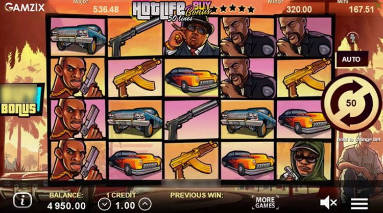 Интерфейс слота Hot Life с пятью барабанами и городским фоном