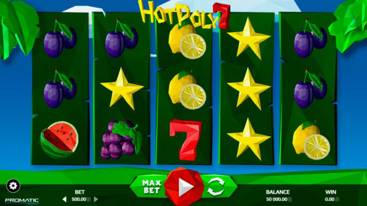 Главный экран игрового автомата Hot Poly 7 с яркими фруктами