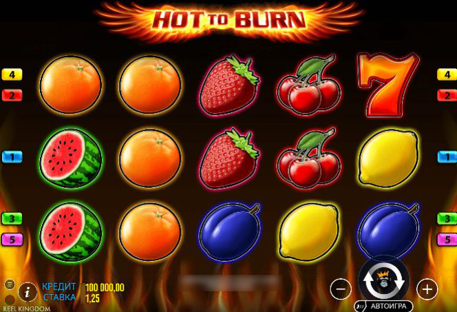 Игровое поле Hot to Burn — классическая сетка 5×3 с фруктами, BAR и семерками