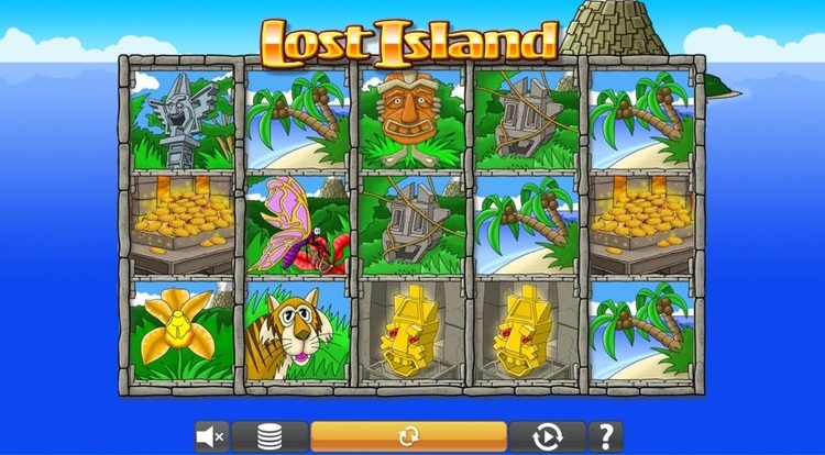 Скриншот игрового слота Lost Island с барабанами и символами на фоне мистических островов