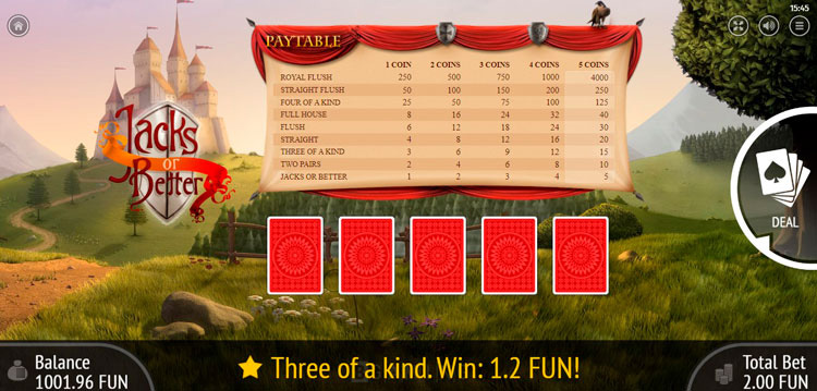 Игровое поле Jacks or Better с раздачей карт