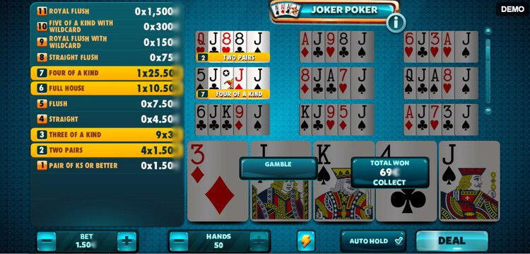 Игровой экран Joker Poker с желто-синим интерфейсом