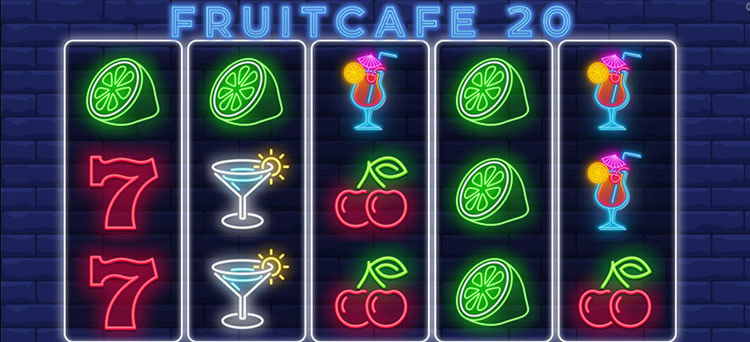 Неоновое игровое поле Fruit Cafe 20 с фруктами, коктейлями и яркой вывеской кафе