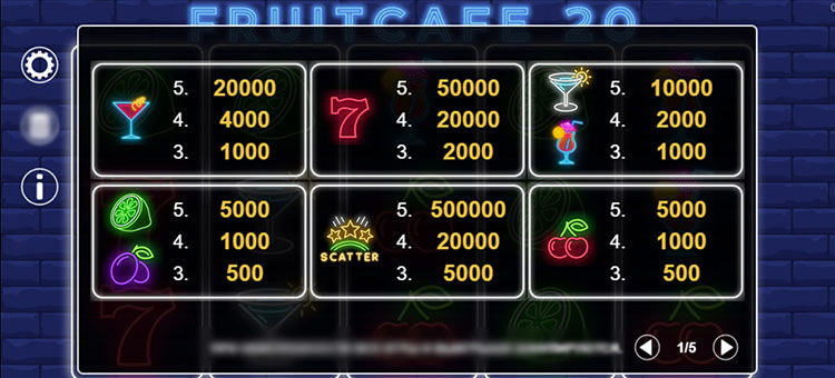 Fruit Cafe 20 на экране смартфона с неоновыми фруктами и кнопкой спина