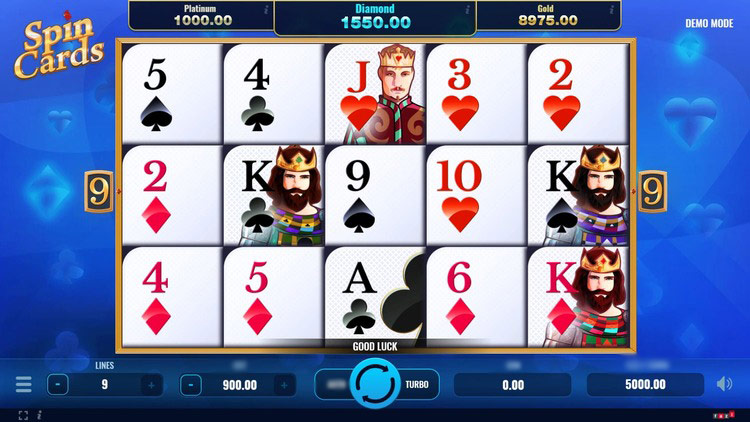 Игровое поле Spin Cards с карточными символами, линиями выплат и классическим интерфейсом слота
