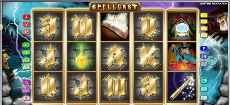 Игровое поле слота Spellcast с магическими символами на фоне замка