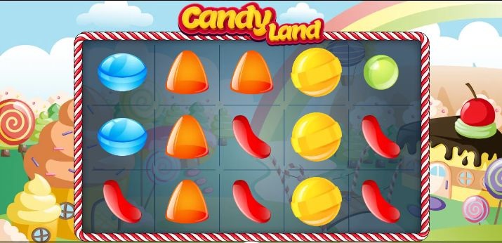 Игровой автомат Candy Land с яркими конфетами на экране ноутбука