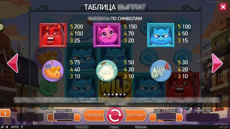 Интерфейс слота Copy Cats с панелью управления ставками и использовать автоигры