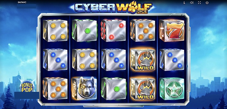 Скриншот игрового поля Cyber Wolf Dice с волком и кубиками