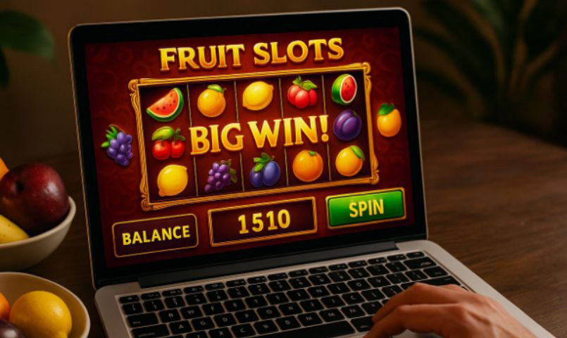 Крупный план барабанов классического автомата с фруктовыми символами