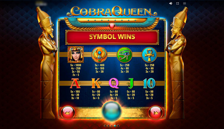 Таблица выплат Cobra Queen — символы Клеопатры, анкха, скарабея и Глаза Гора с коэффициентами