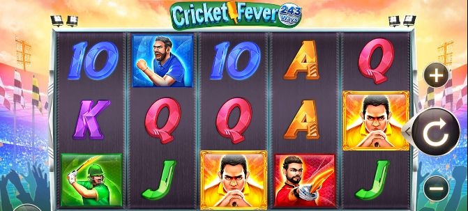 Главный экран игрового автомата Cricket Fever — стадион, игроки, барабаны