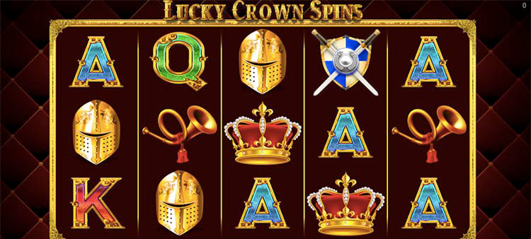 Игровое поле Lucky Crown Spins с золотой короной, рыцарскими символами, монетами и барабанами 5x3