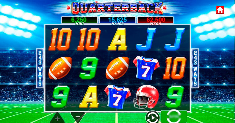 Игровое поле Quarterback на фоне стадиона с футбольными символами, диким символом и барабанами 5x3