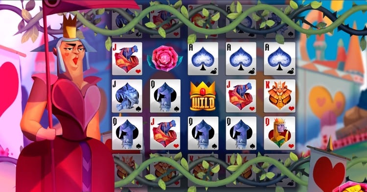 Игровой автомат Red Queen in Wonderland символы на барабанах: Королева, Шляпник, Чеширский Кот и карточные масти