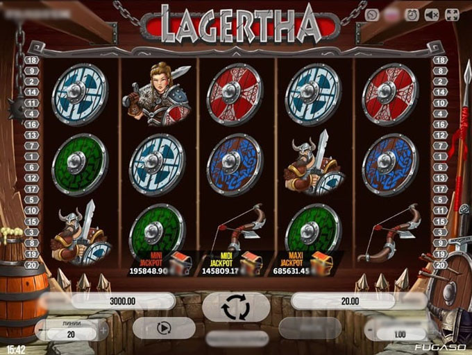 Игровое поле слота Lagertha с барабанами и викингской символикой