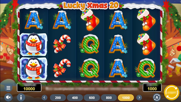 Игровое поле слота Lucky Xmas 20 — 5 барабанов, рождественские символы, пингвин Люк и снежный шар
