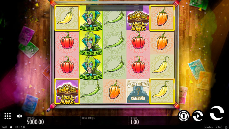 Игровое поле слота Luchadora с мексиканскими рестлерами