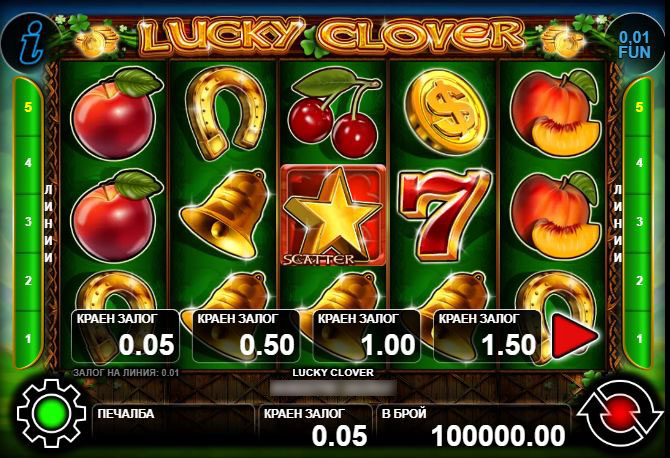 Игровое поле слота Lucky Clover с символами клевера, подков и букв