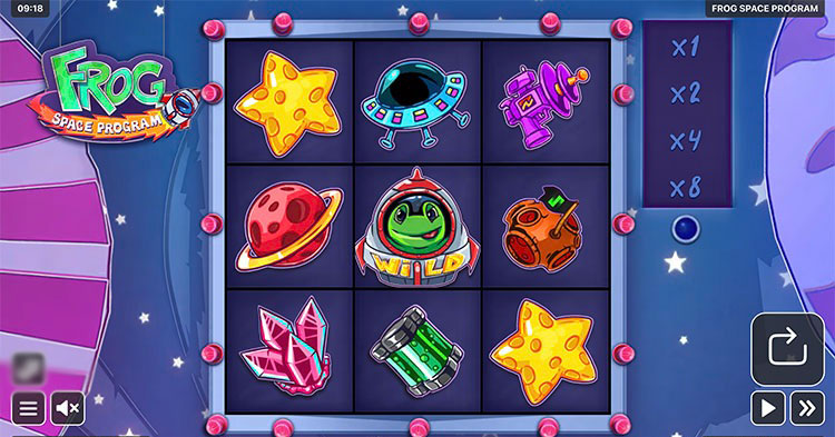 Скриншот игрового слота Frog Space Program на фоне космоса и лягушки-астронавта