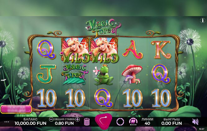 Интерфейс игрового автомата Magic Forest с вращающимися барабанами и символикой волшебной чащи