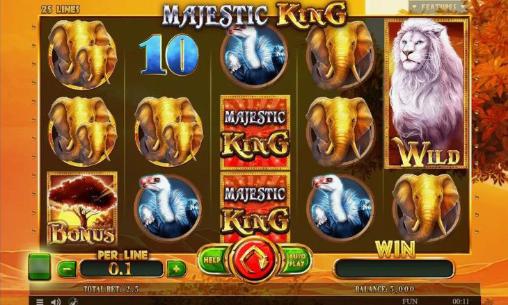 Игровое поле слота Majestic King на фоне африканской саванны