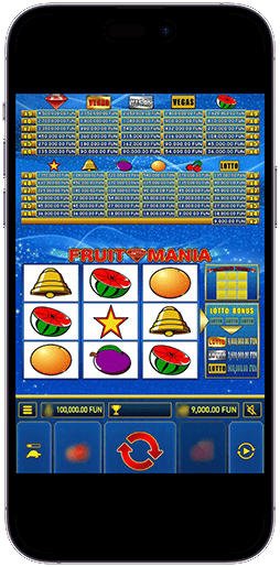 Интерфейс игрового автомата Fruit Mania на поле 3×3 с фруктовыми символами и выигрышной линией