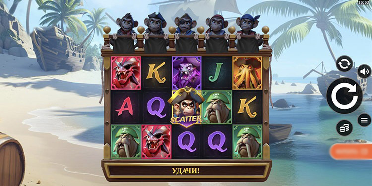 Интерфейс слота Monkeys Go Bananas MultiMax на фоне тропического острова