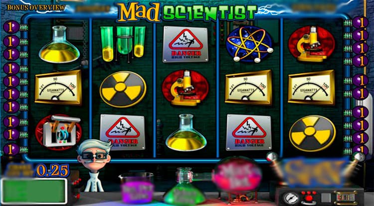 Интерфейс слота Mad Scientist с лабораторией и безумным ученым на фоне