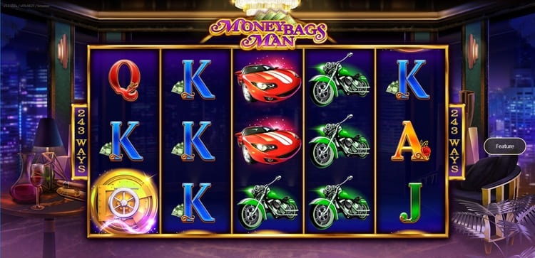 Игровой автомат Moneybags Man от JDB с чемоданами для денег и 243 способами выигрыша на экране ноутбука