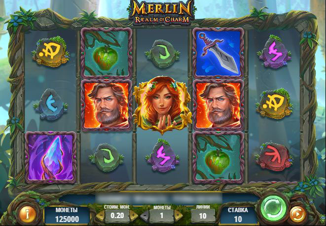 Игровое поле слота Merlin Realm of Charm с символами магии и волшебства