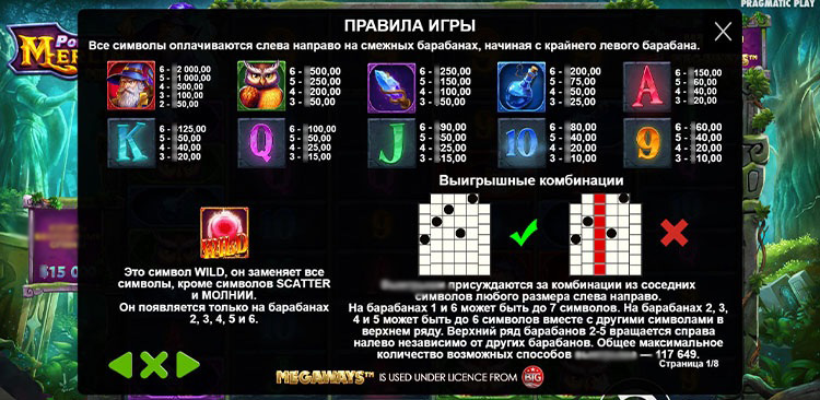 Таблица выплат слота Power Of Merlin Megaways с младшими и премиальными символами